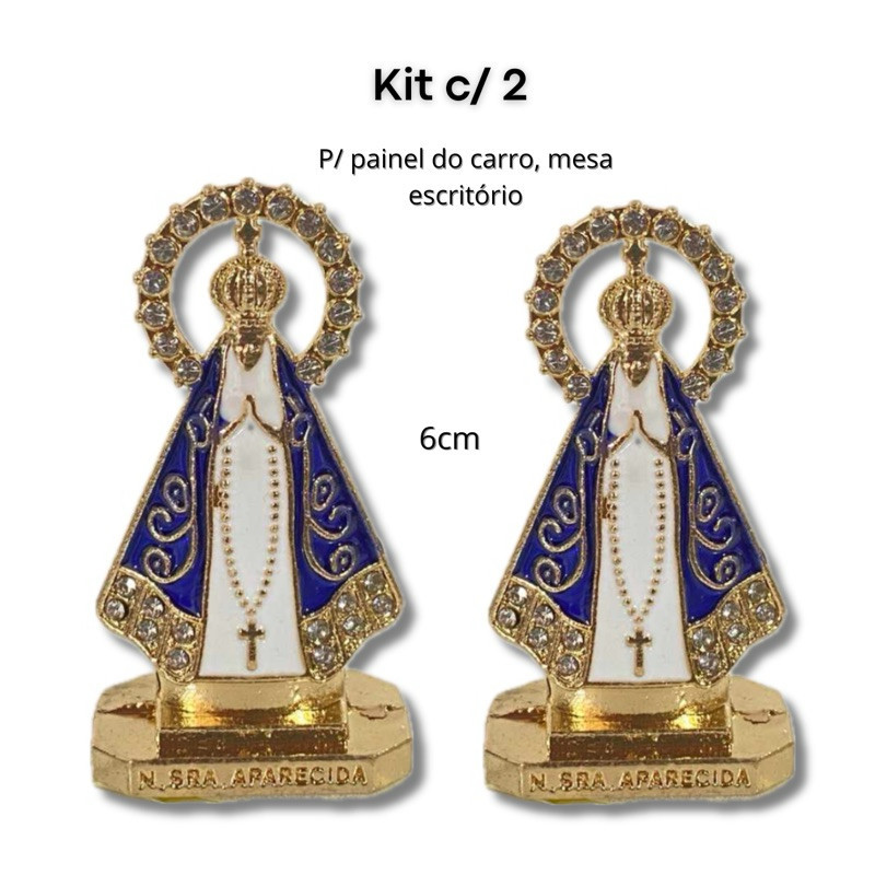 Kit 2 Imagens Nossa Senhora Aparecida Metal com Resplendor P/ Carro, Mesa, Escritório