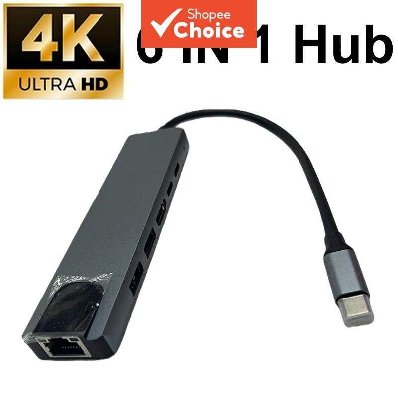 Hub USB C multifuncional com 6 portas, conector Ethernet RJ45 e adaptador de vídeo 4K, acessório para PC