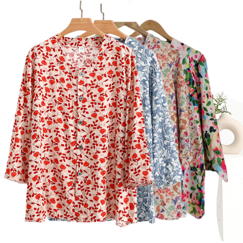 Cardigã De Seda De Algodão Com Gola Redonda E Manga Comprida T-shi , Camiseta De Para Mães De Meia-Idade Idosas , Camisa