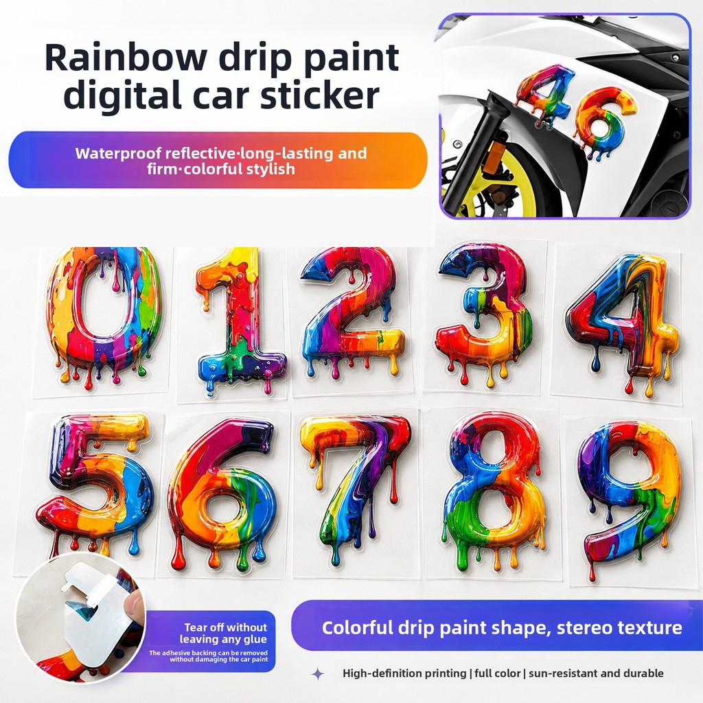 Adesivo De Número De Pintura Por Gotejamento De Arco-Íris De Vinil À Prova D'água 0-9 Decalque Para Motocicleta Carro Sc