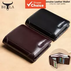 Carteira Masculina de Couro Legítimo com Bloqueio RFID – Porta-cartões Vertical com Janela para Documento