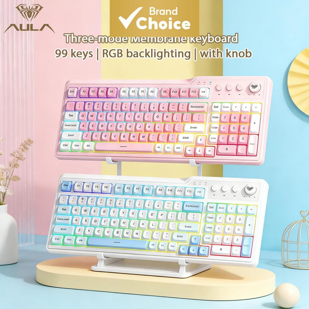Teclado Aula F3099 99 teclas, tri-mode, sensação mecânica, RGB com botão giratório, silencioso para PC