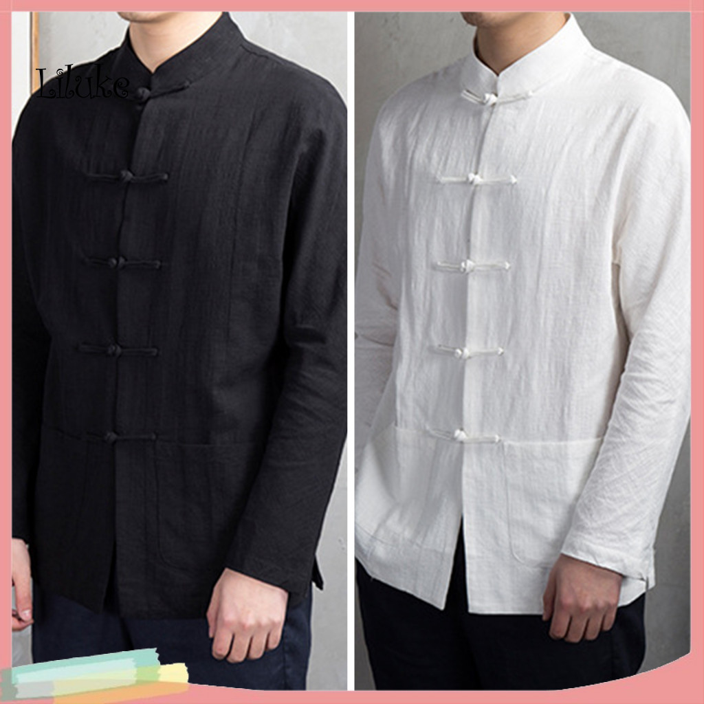 Mandarin Collar Disc Button Shirt Retro Style Men Men's Autumn Chinese Long Sleeve Tai Chi Kung Fu Top with Pockets and