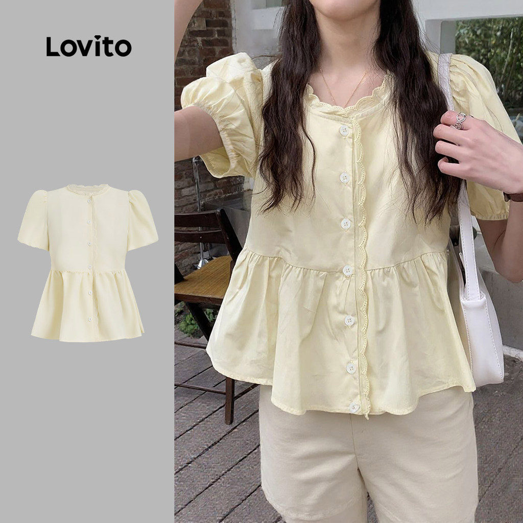 Lovito Blusa Fofa de Renda com Botões Lazer Primavera/verão Amarela para Mulhere
