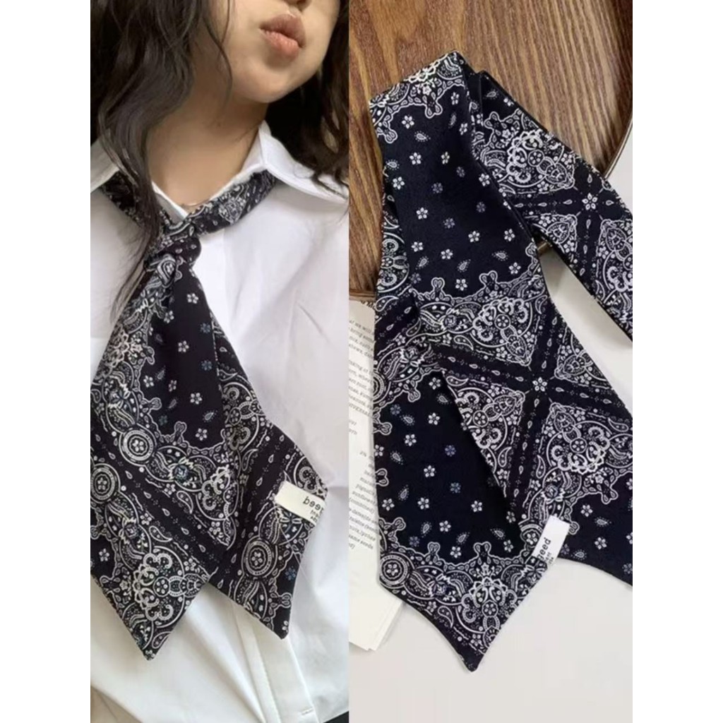Novo estilo fita dupla face Retro preto branco longo caju porca lenço de seda cachecol All-Match Floral cachecol tempera
