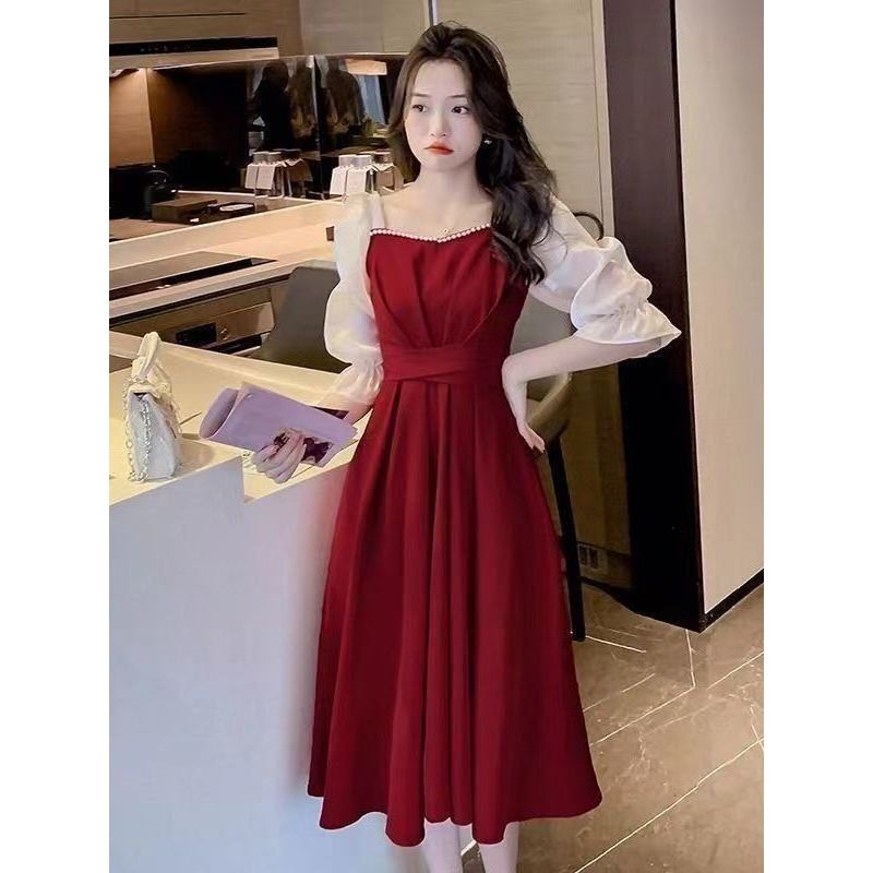 Francês elegante cor-bloqueando pescoço quadrado vestido vermelho feminino verão meia manga rendas cintura estreita mais