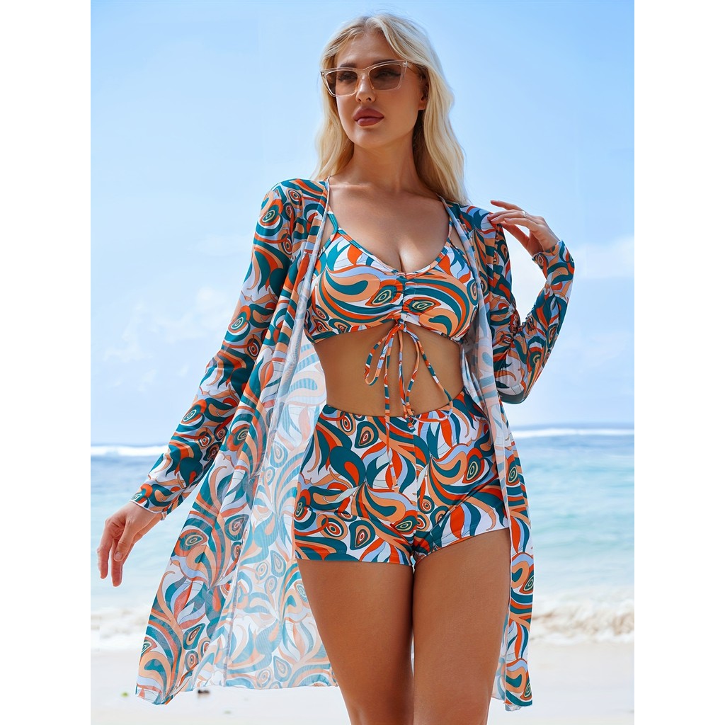 Biquíni feminino de três peças com blusa de praia novo estilo, laço e Shorts, moda praia elegante.