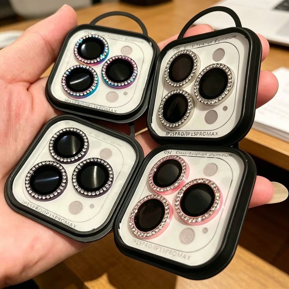 Protetor de Lente de Câmera com Strass para iPhone 17 16 15 14 13 12 11 16E Pro Plus Max Vidro Temperado 9H Anti-Risco