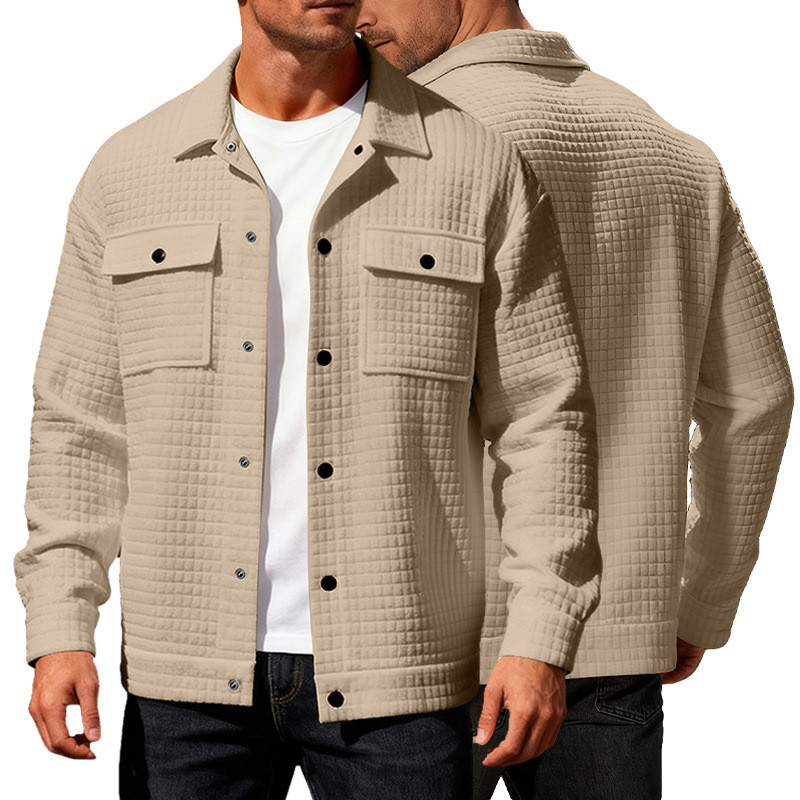 Novo outono inverno masculino Jacquard xadrez Casual lapela Cardigan tamanho europeu moda camisa com zíper bolso abotoad