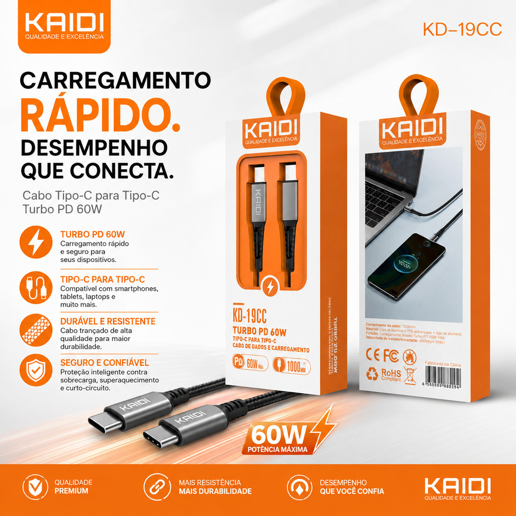 TIPO C PARA TIPO C PD 60w Cabo de Dados e Carregamento Turbo original Kaidi KD-19CC Cabo de dados e carga rápida