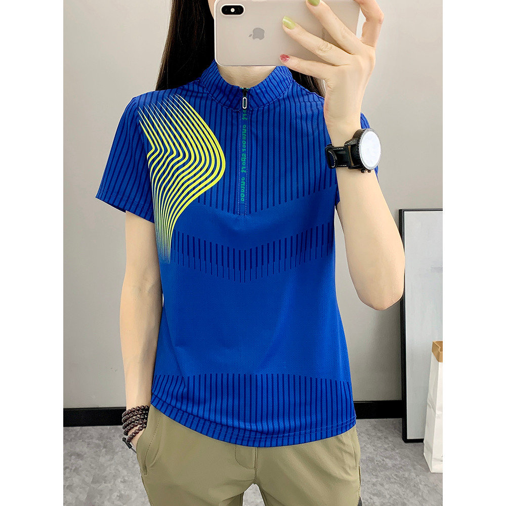 Camiseta de manga curta feminina 2025 novo estilo verão gelo seda gola alta esportes topo lazer ao ar livre respirável W