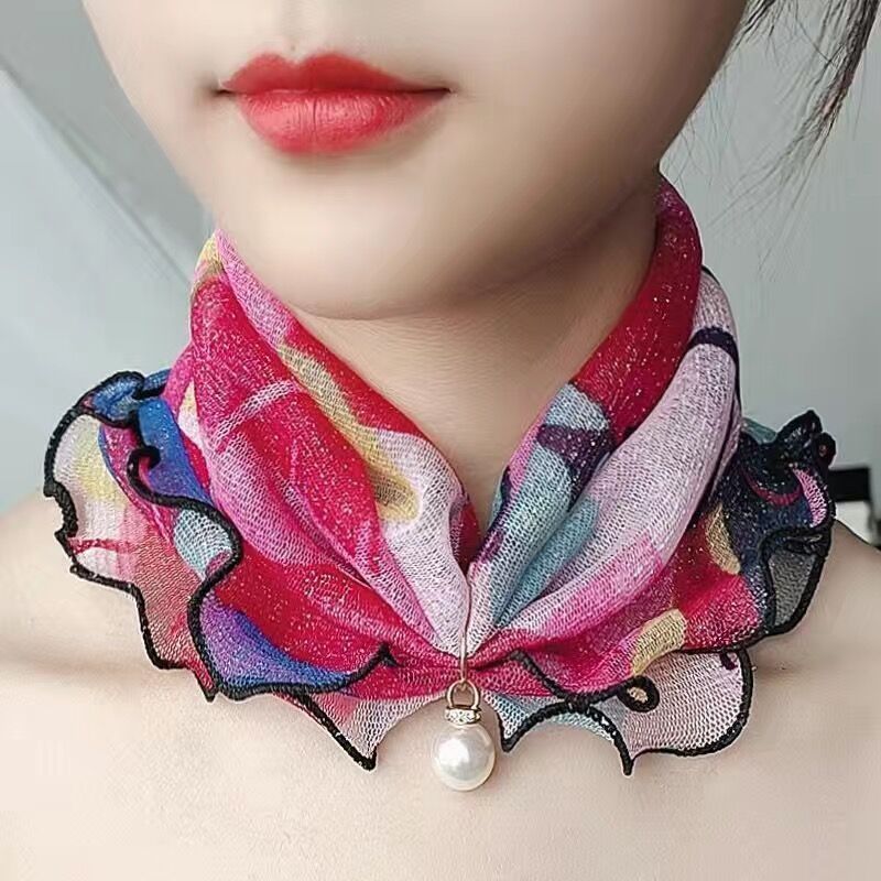 Moda Fina Versátil Lenço Decorativo Pérola Malha Pequeno Cachecol Feminino Pescoço Capa Proteção — imagem 2 de 2