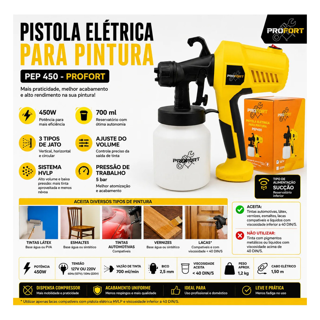 Pistola Elétrica Pulverizador De Tinta Profort PEP 450W 700ml HVLP Menor Desperdício Pintura Portas Móveis Artesanato