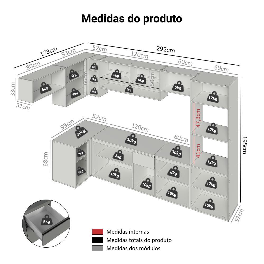 Armário de Cozinha Completa de Canto Suspenso 465cm Cinza Nice Madesa 03