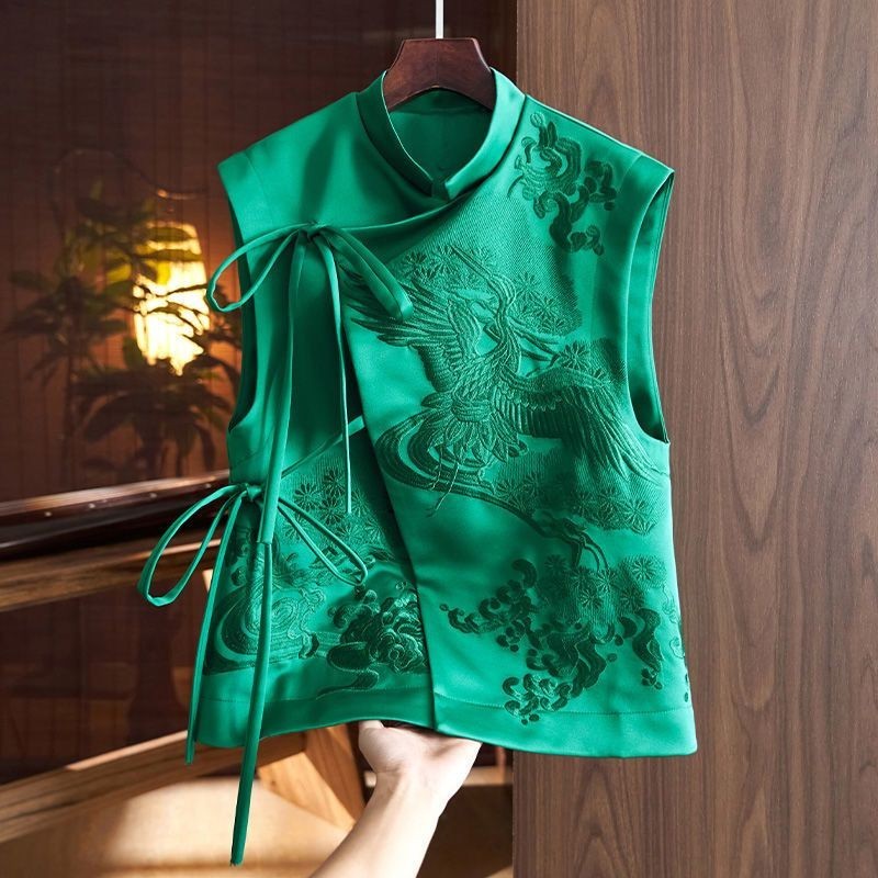 Jaqueta Colete Estilo Chinês Para Mulheres Primavera E Soma Verão Novo Retro Indústria Pesada Branco Bordado Renda Top T