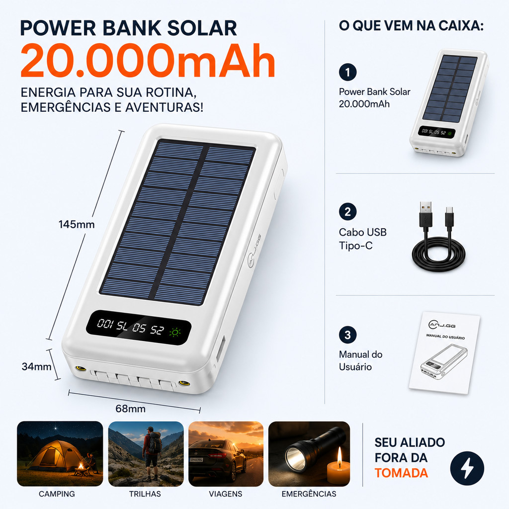 Power Bank Solar 20000mAh Com Lanterna Suporte E Carregamento Rápido USB 🔋