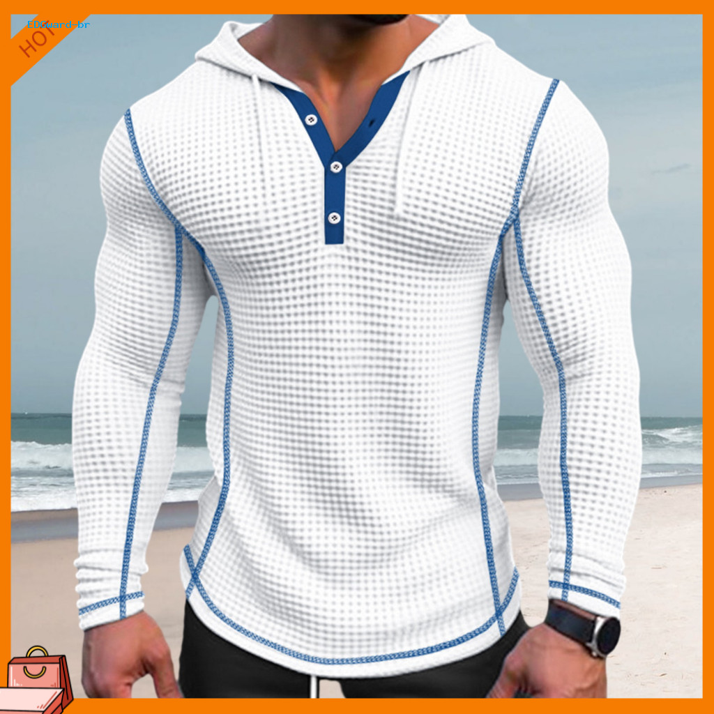 Men Polyester Hoodie Timeless Men's Slim Fit Cotton Waffle Breathable Long Sleeve Pullover with Button Closure Stylish C