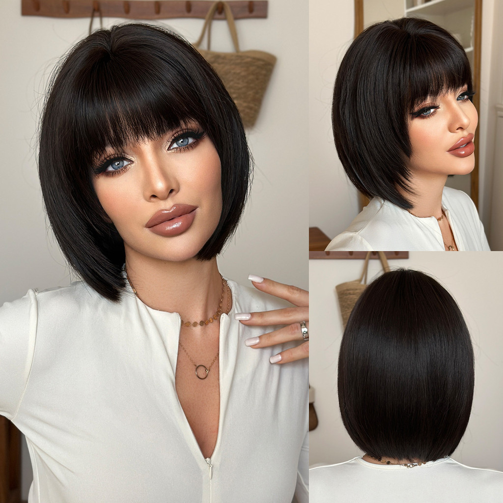 T TSE preto peruca de cabelo curto feminino arnês completo redução de idade reparação Bob cabeça textura de cabelo Real
