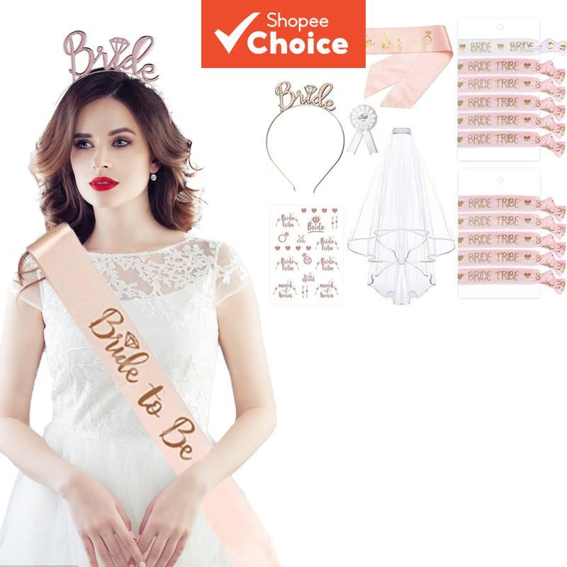 Conjunto de Faixa e Véu de Noiva – Faixa com glitter dourado rosé, tiara nupcial, faixa de cabeça e pulseiras para as
