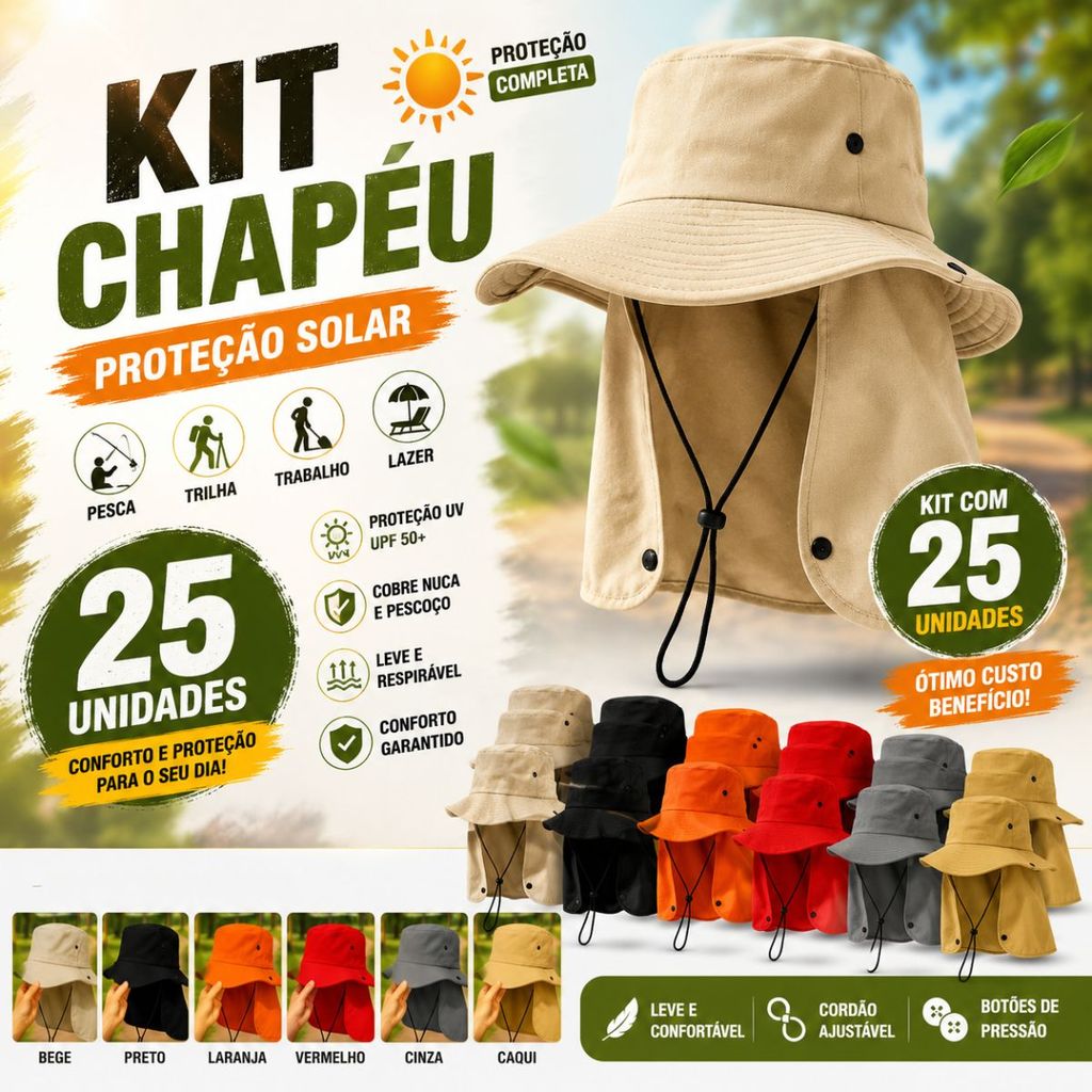Kit com 25 Chapéus Australianos UV Aba Larga com Proteção de Pescoço para Pesca, Camping, Trilha e Aventuras Outdoor