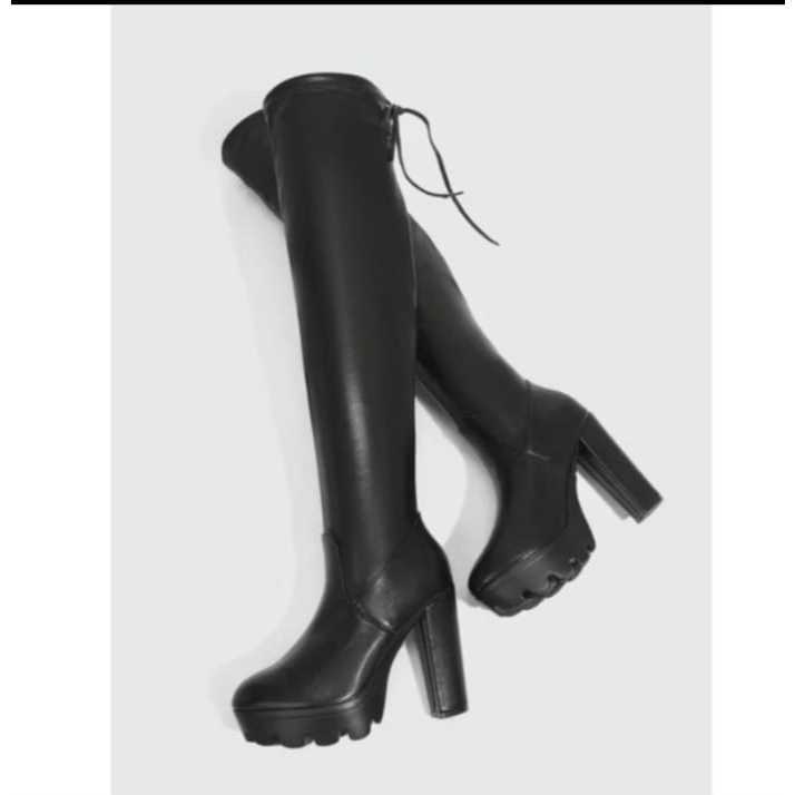 Bota Over The Knee Feminina Preta Salto Alto Grosso Plataforma Design Elegante Contemporâneo