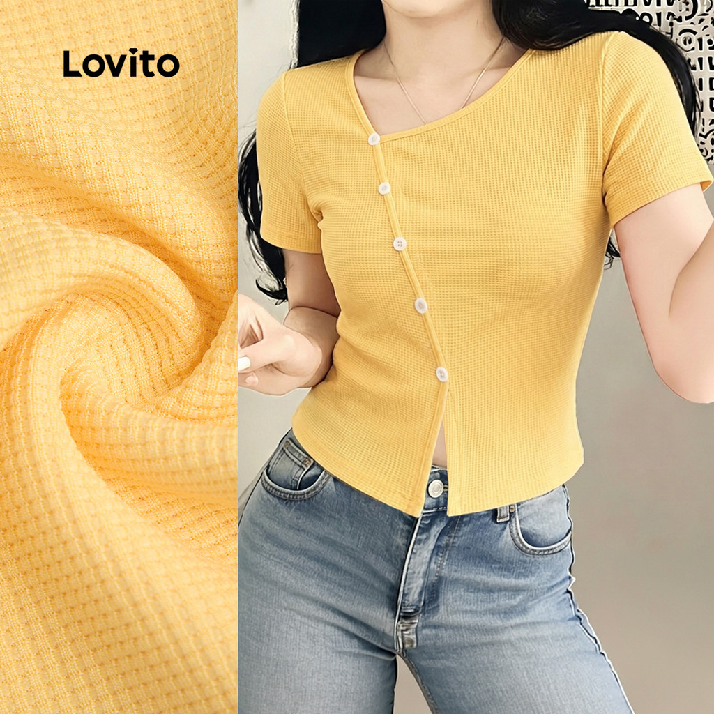 Lovito Camiseta Casual Assimétrica com Botão e Fenda Frontal Primavera/verão Ama