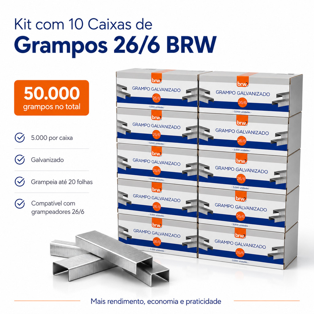 Kit Econômico Grampo 26/6 BRW Galvanizado 50.000 Unidades 10 Caixas