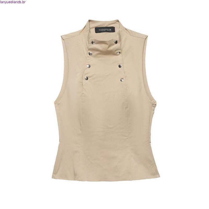 Roupas femininas europeias americanas, gola alta, botão, decoração, colete sem mangas, roupa externa feminina, pequeno,