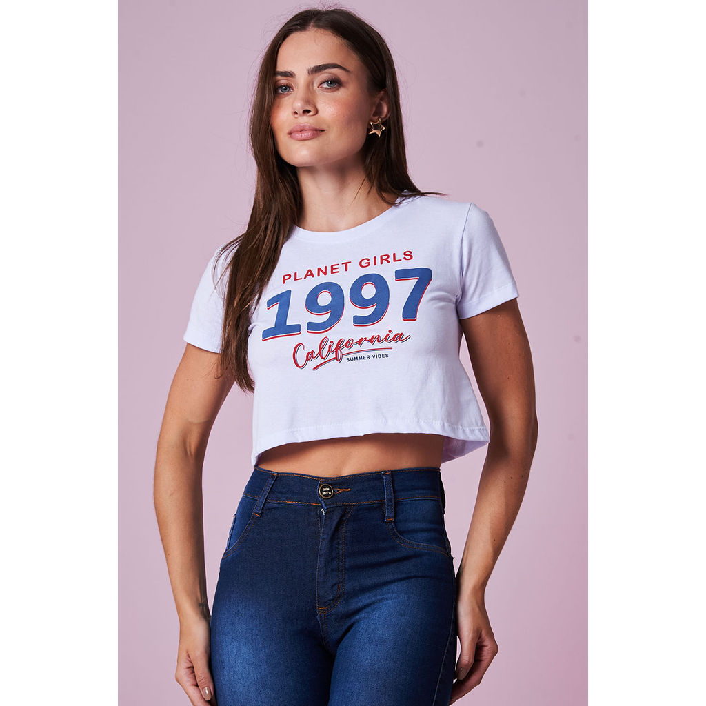Camiseta Cropped Feminina Estampada Planet Girls Branco