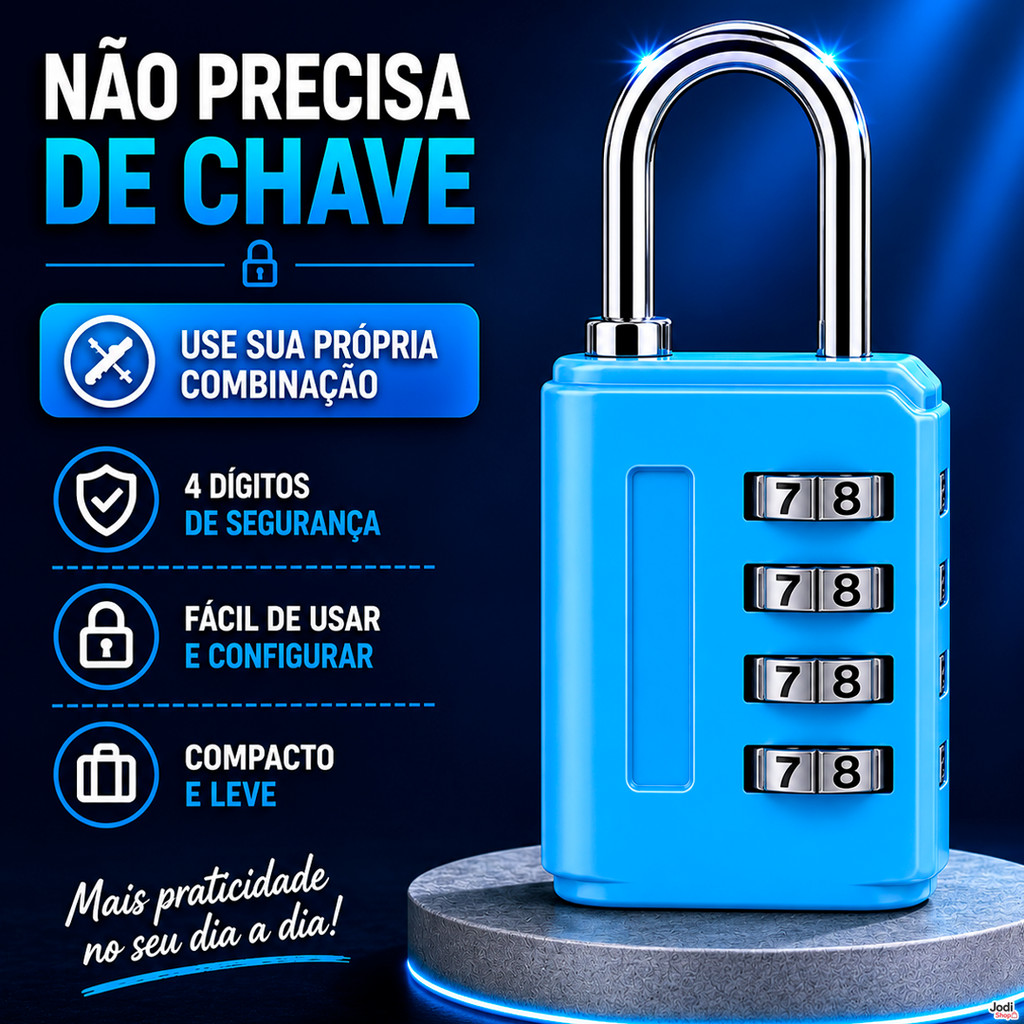 Cadeado Numérico 4 Dígitos com Haste Cromada para Viagem e Bolsa