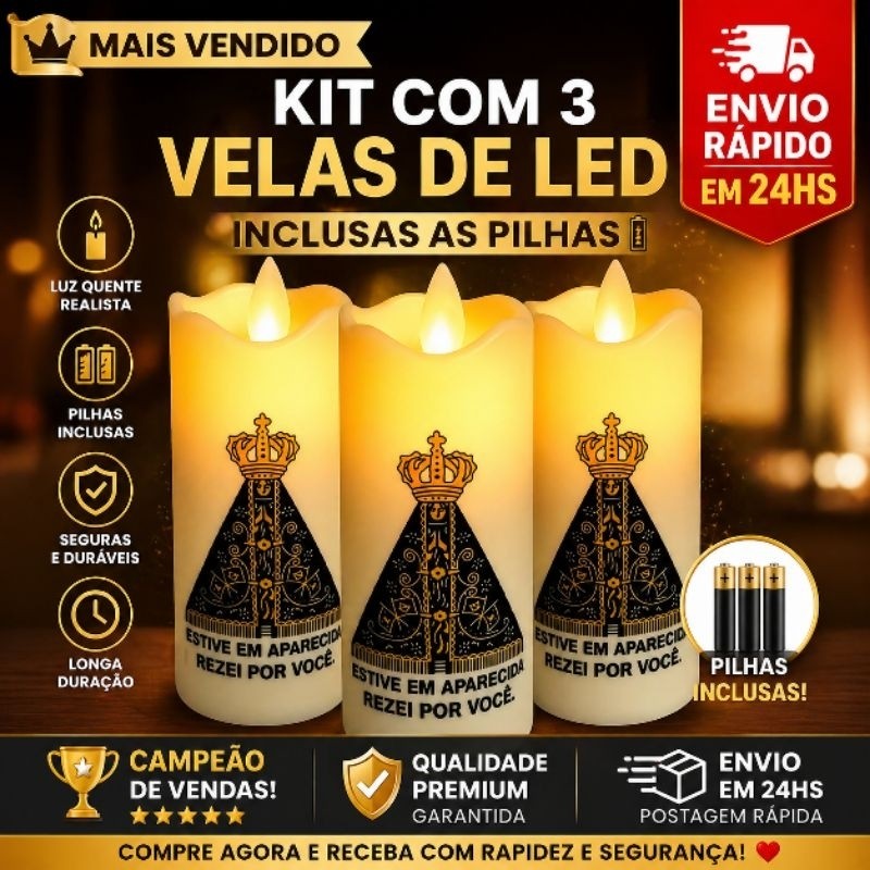 Kit Vela LED Nossa Senhora Aparecida  | 1, 2 ou 3 Unidades | Luz com efeito de chama realista - INCLUSO A PILHA