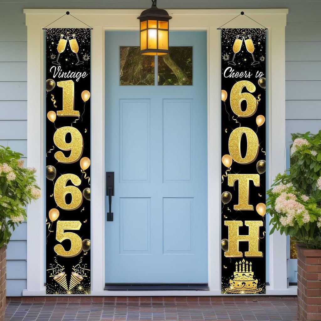 2 peças de banner decorativo para 60º aniversário em preto e dourado, placa vintage para porta "Feliz 60 Anos" para vara