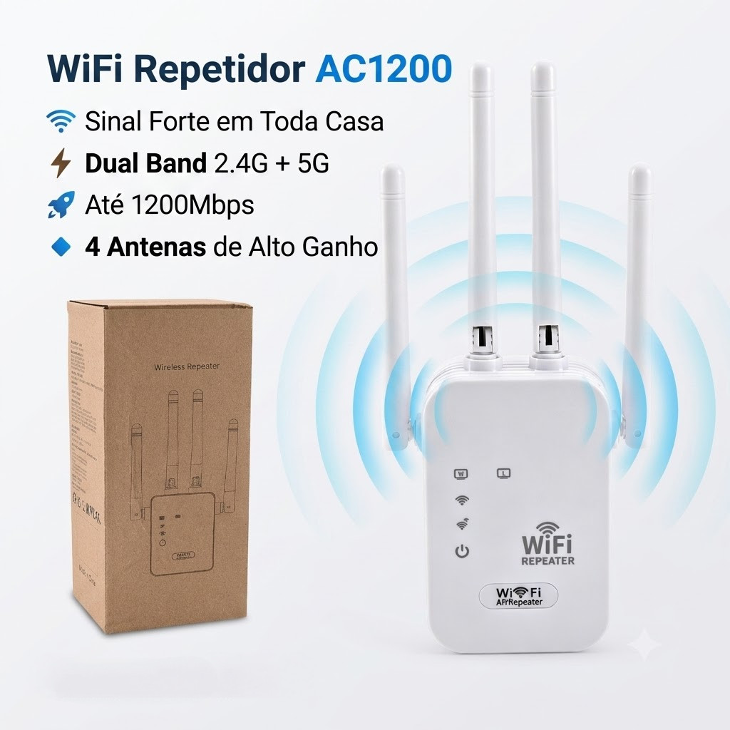 Repetidor WiFi AC1200 Dual Band 2.4G/5G Amplificador Sinal 4 Antenas Wireless
