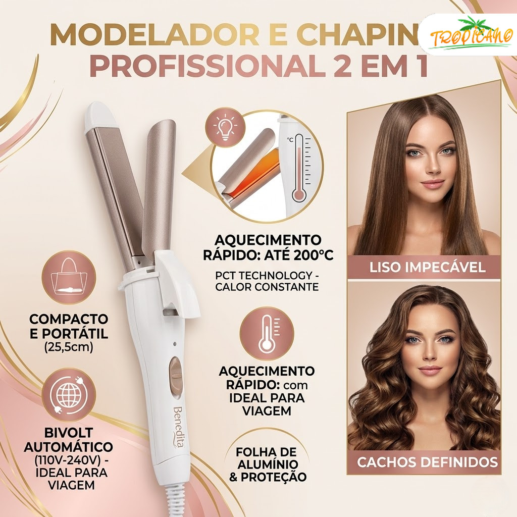 Chapinha e Modelador de Ondas 2 em 1 Compacto: Alisador Mini Profissional com Voltagem Dupla
