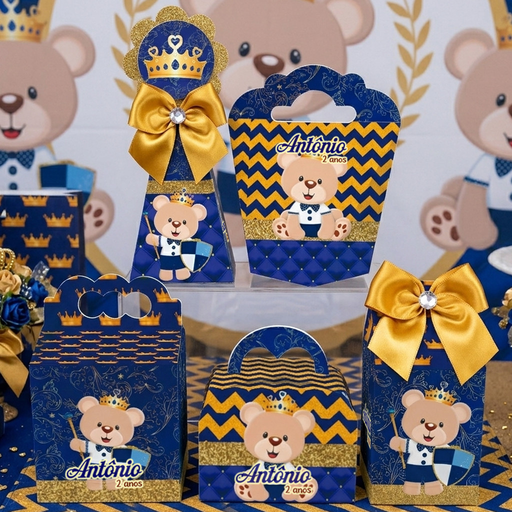 Kit Festa Personalizados Ursinho Príncipe PEGUE E MONTE Realeza Menino Lembrancinhas Caixinhas Laço