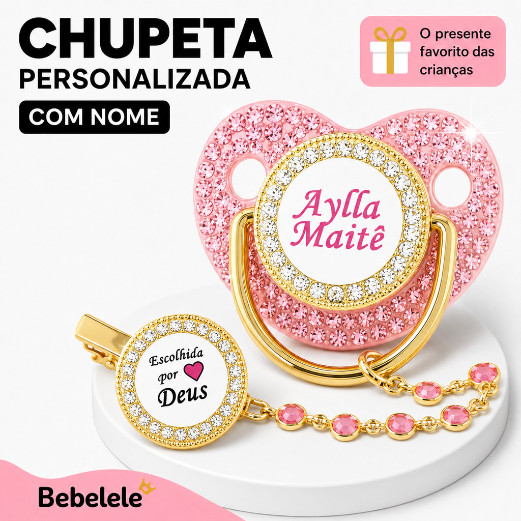 Chupeta de bebê rosa com diamante, inclui clipe de fixação, nome e foto personalizados