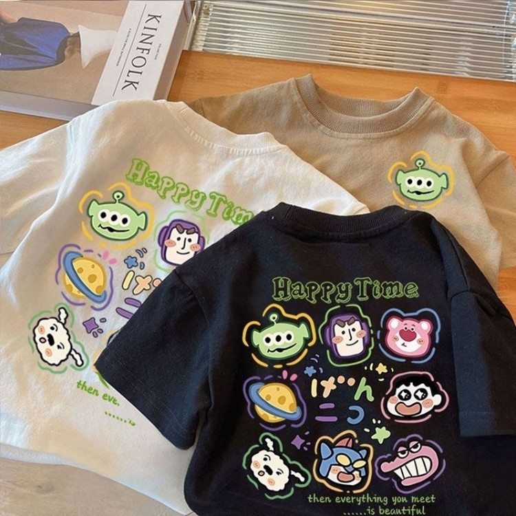 Crianças puro algodão de manga curta camiseta primavera estilo meninos dos desenhos animados em torno do pescoço camisa 
