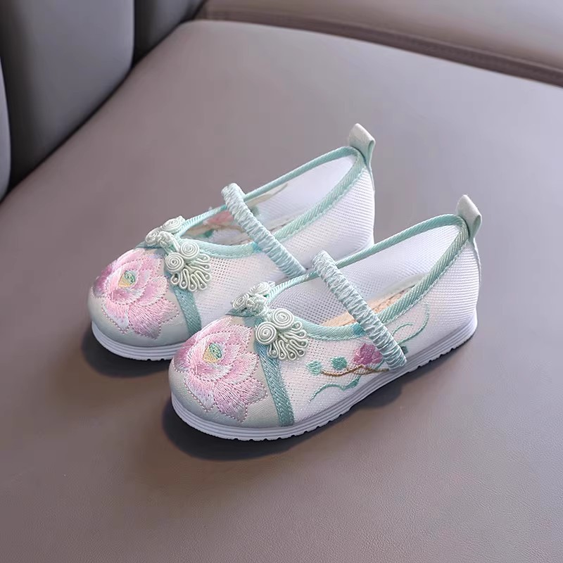 Verão crianças Hanfu sapatos bordados meninas sapatos de malha combinando saia cavalo sandálias étnicas confortáveis sap