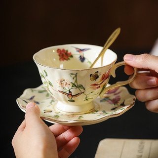 Xícara e pires de café com motivos florais e de pássaros em estilo ocidental de alto valor, xícara de cerâmica vintage p