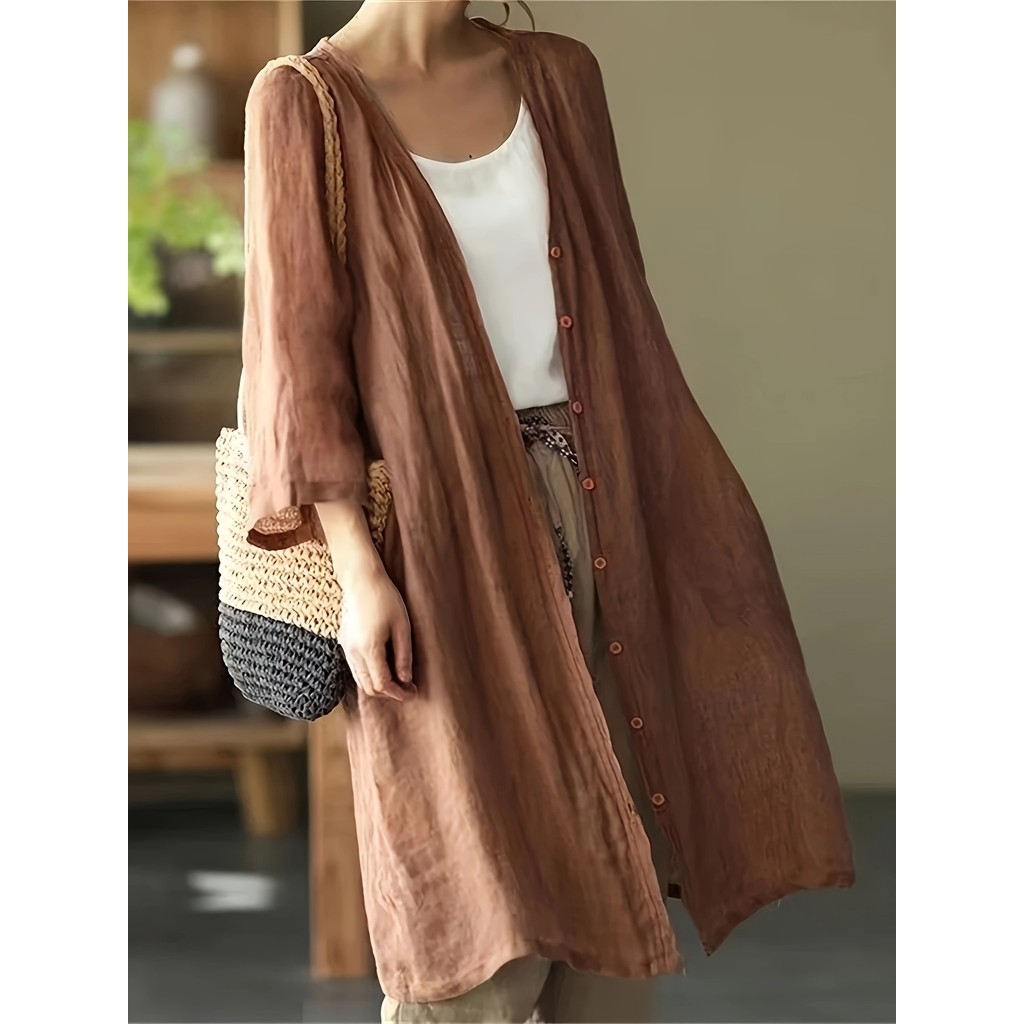 Cardigã Feminino de Linho Artístico Casual Tamanho Grande Semi-Transparente Oversized Corte A - Design com Botões Fronta