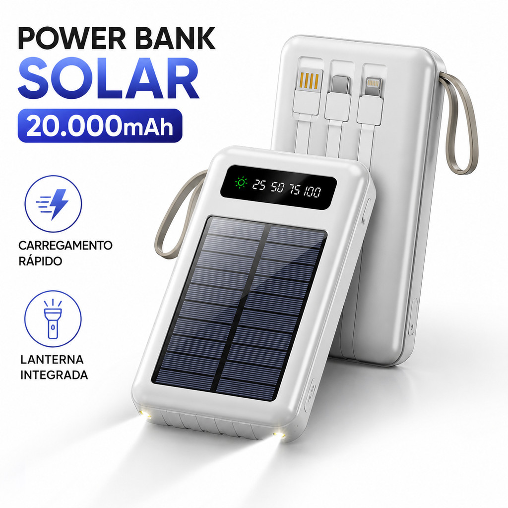Carregador Portátil Power Bank Solar 20.000mah Com cabos 5 Em1 LED lanterna anjgg