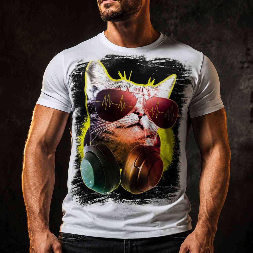 Camiseta Masculina Gato óculos Fone Dj Musica 04 - Decora
