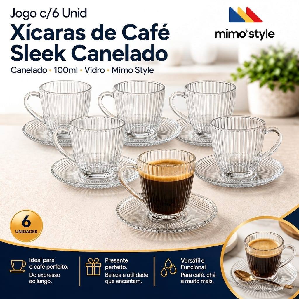 Jogo com 6 Xícaras Café 110ml Sleek Canelado Vidro Mimo Style