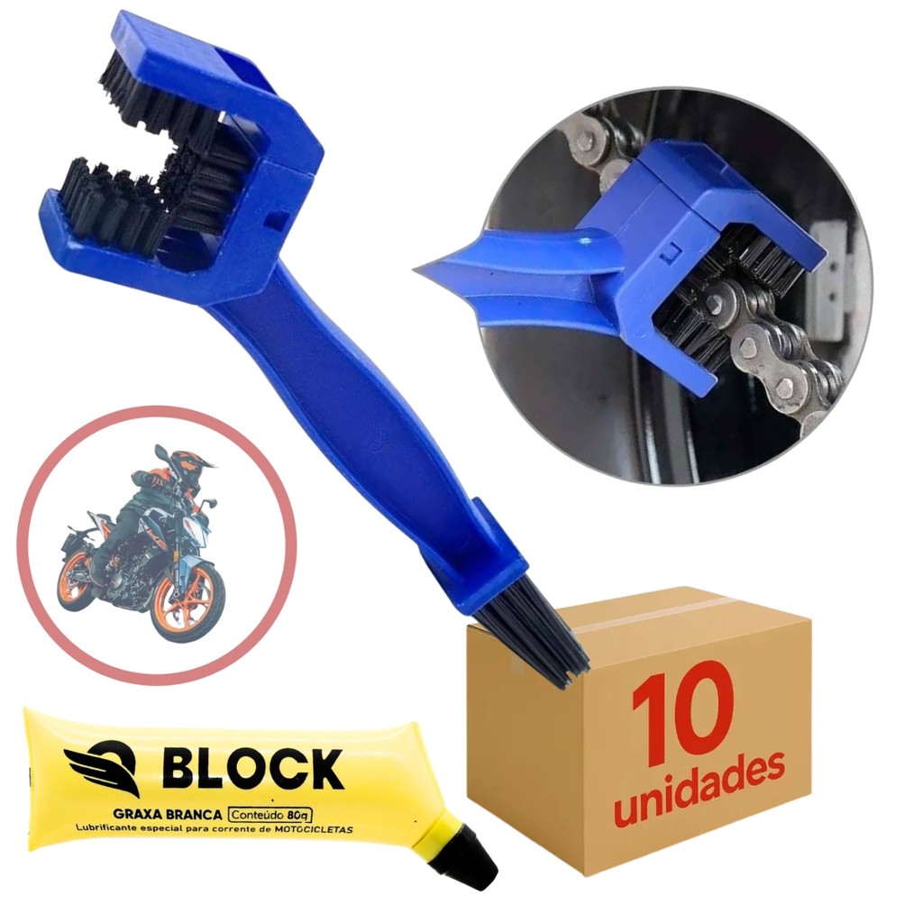 Kit 10 Escovas Limpeza Corrente Transmissão Moto Bike + 10 Graxas Branca Block 80g Atacado Revenda Oficina