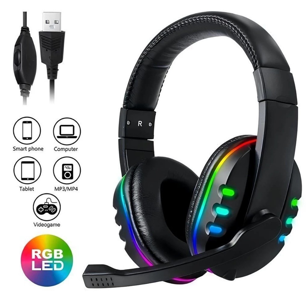 Fone De Ouvido Gamer Led RGB Com Microfone USB E P2 Para PC , Computador , Celular , Videogame , Dezdedez