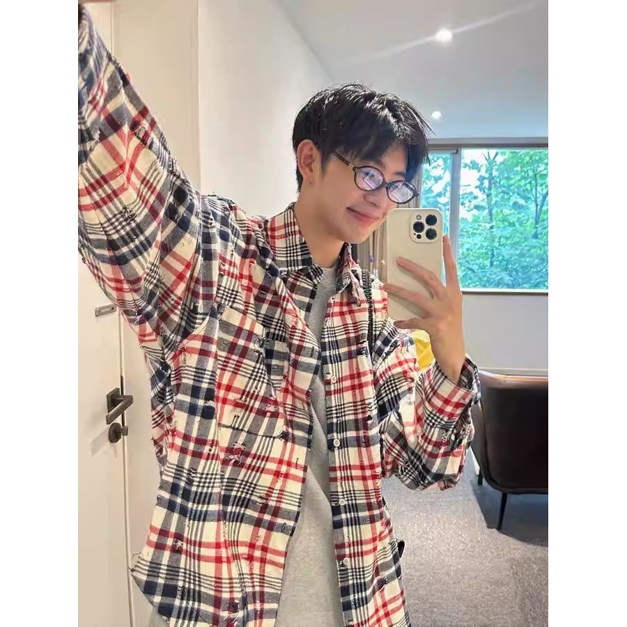 Americano verificado camisa de manga comprida masculina primavera novo estilo Retro All-Match solto contraste cor estilo