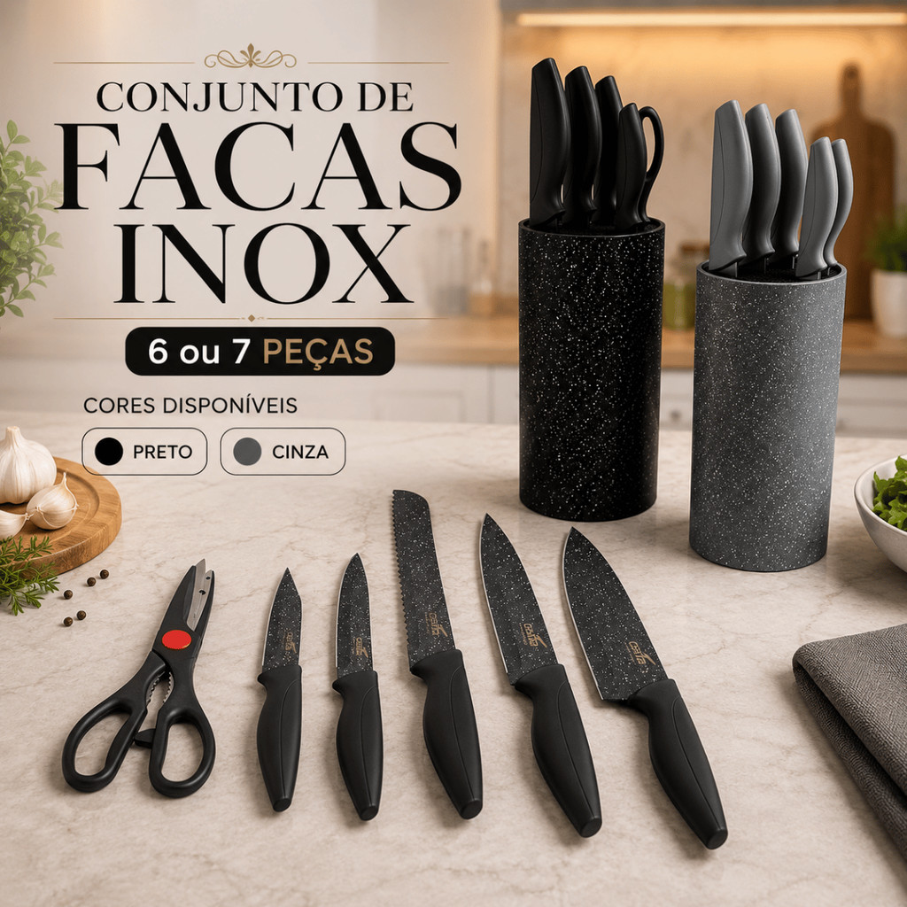 Conjunto de Facas Inox 6 e 7 Peças Kit Cozinha Jogo de Faca Churrasco Açougue Faqueiro Tesoura Cutelaria Completo Preto
