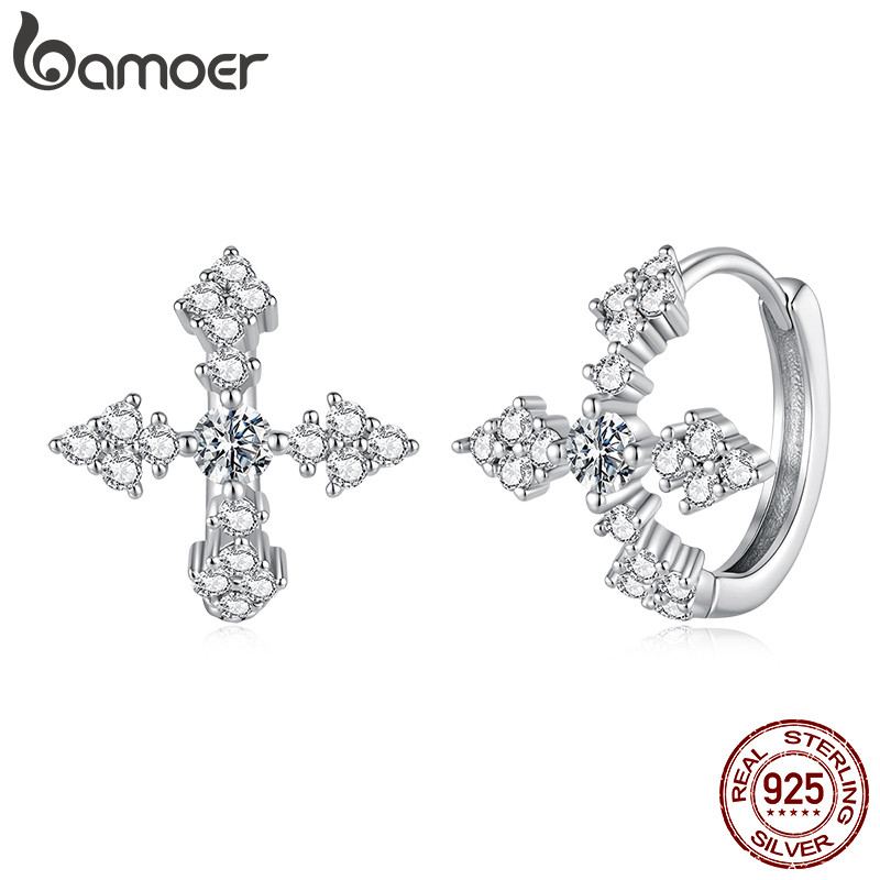 Brincos De Argola De Prata Esterlina 925 Bamoer Cruz Moissanite Joias Presentes 