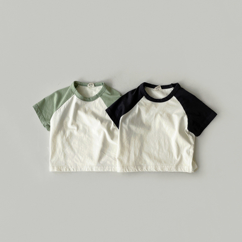 Verão bebê menino de manga curta contraste cor simples camiseta médio pequeno crianças puro algodão fino topo em torno d