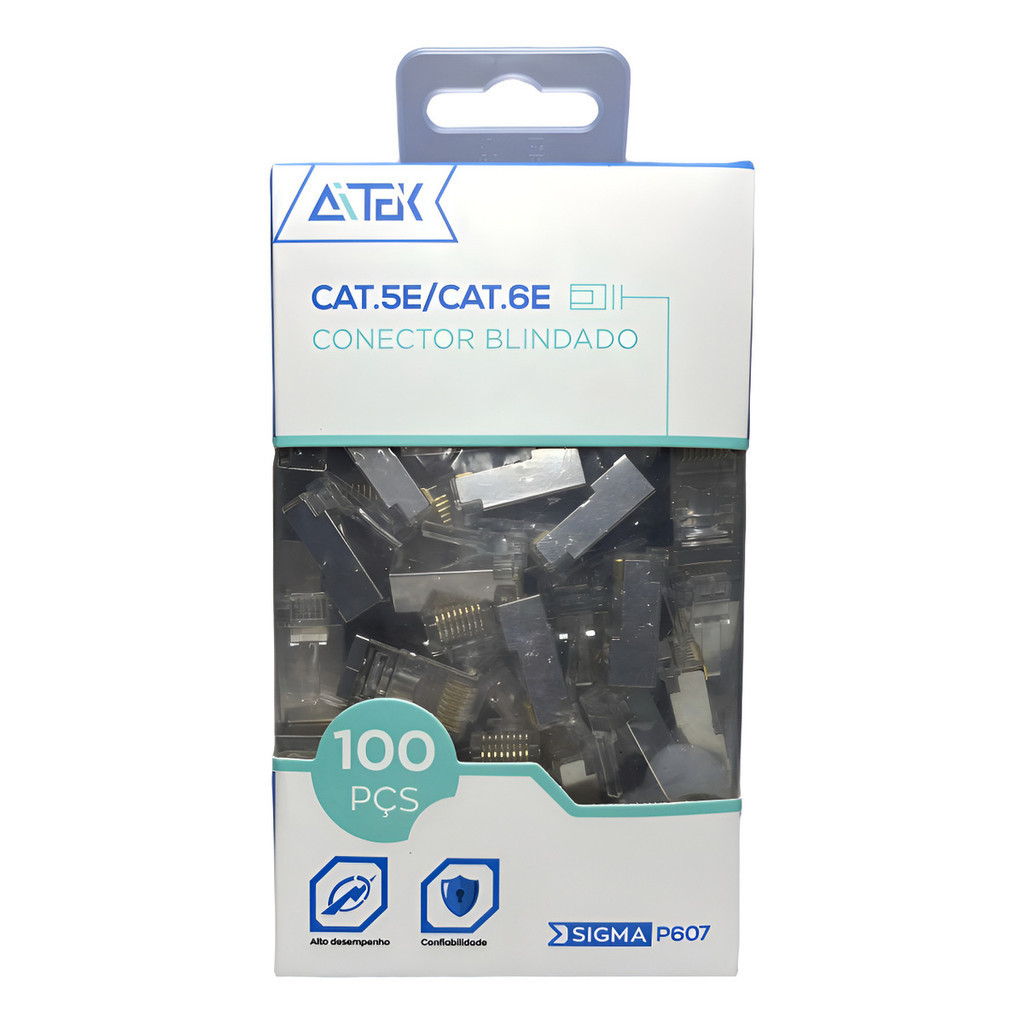 Conector De Rede Rj45 Blindado Macho Cat 6e/ 5e Vazado 100un Compativel com Cat 6e/ 6/ 5e/ 5
